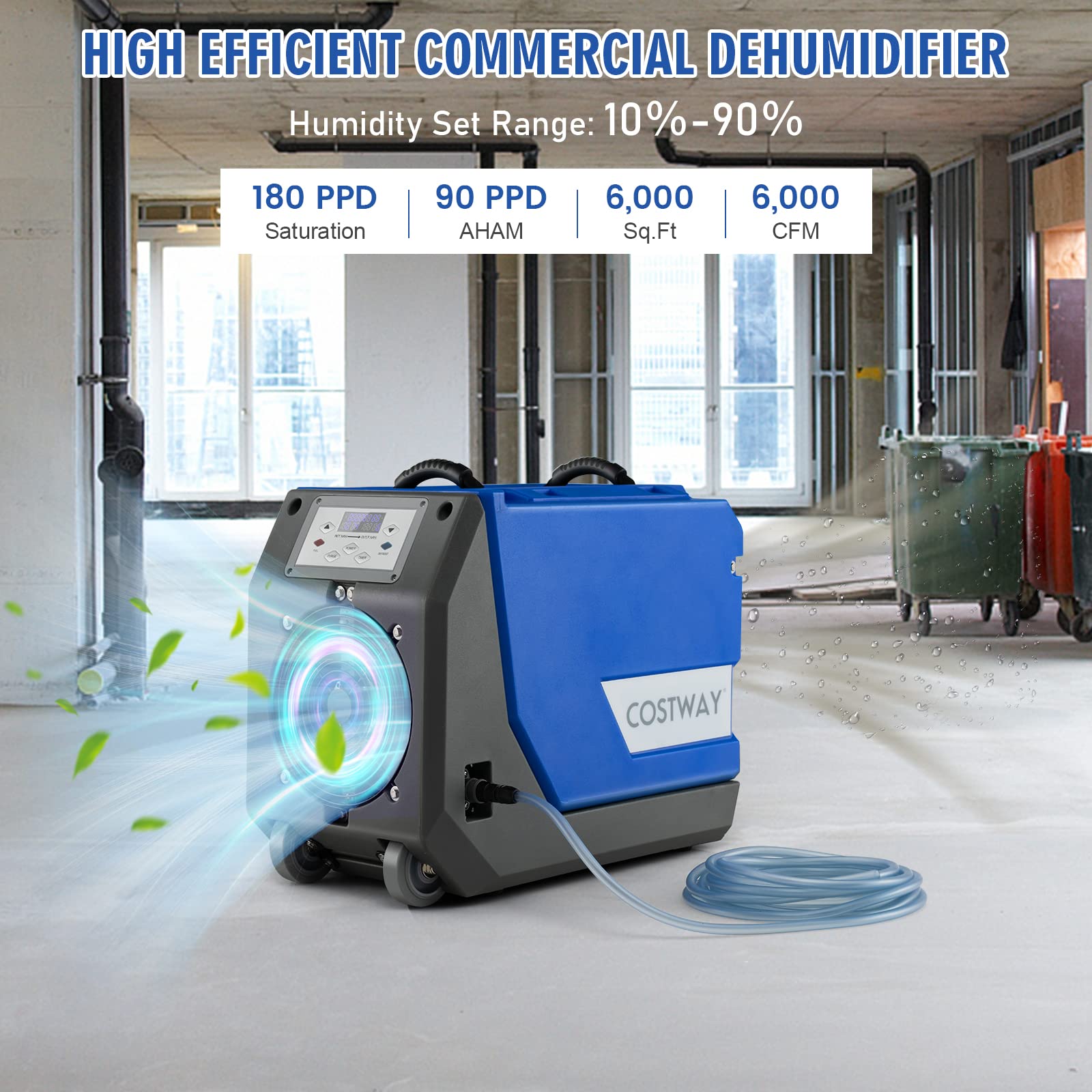 Costway 180 Ppd Commercial Dehumidifier, Industrial Dehumidifier With 24.6Ft Drain Hose, Pump, Auto Defrost & Memory Starting, P